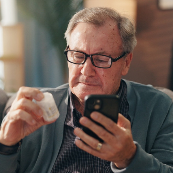 A senior man sits on the couch with his prescription bottle in one hand and his phone in the other, verifying information.