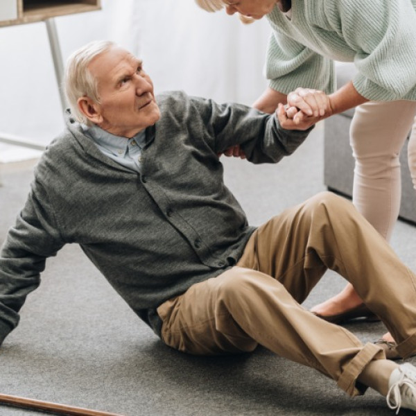 An elderly man lays on the ground receiving help from someone else to get back up. His cane sits next to him.
