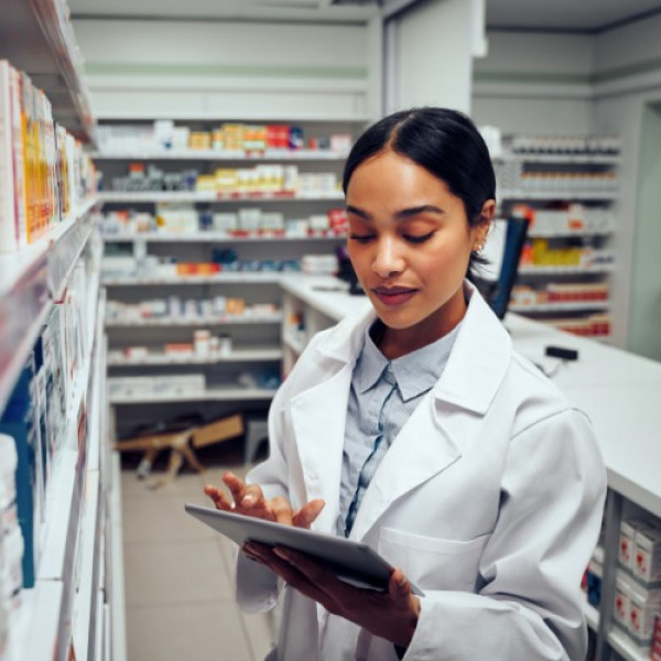 A young female pharmacist in her white lab coat uses a tablet to monitor inventory in the pharmacy aisle.