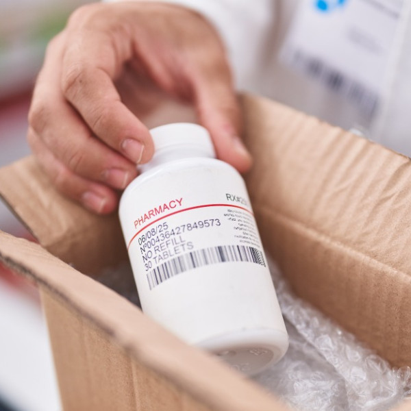 A close-up of a shipping box cut open and someone holding a pharmacy prescription bottle. There