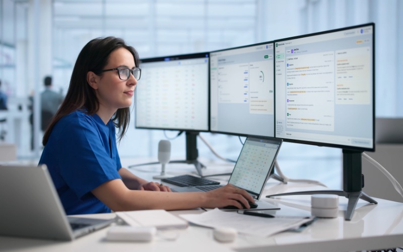 A facility nurse sits at the station at the computer monitor to review a patient's medication needs.