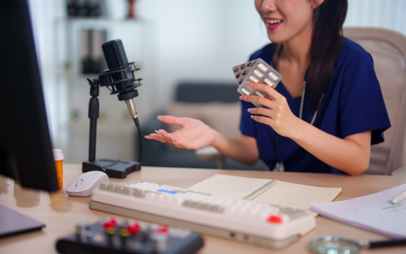 A young female nurse at the desk discusses medication review with blister packs in her left hand. She speaks to the computer.